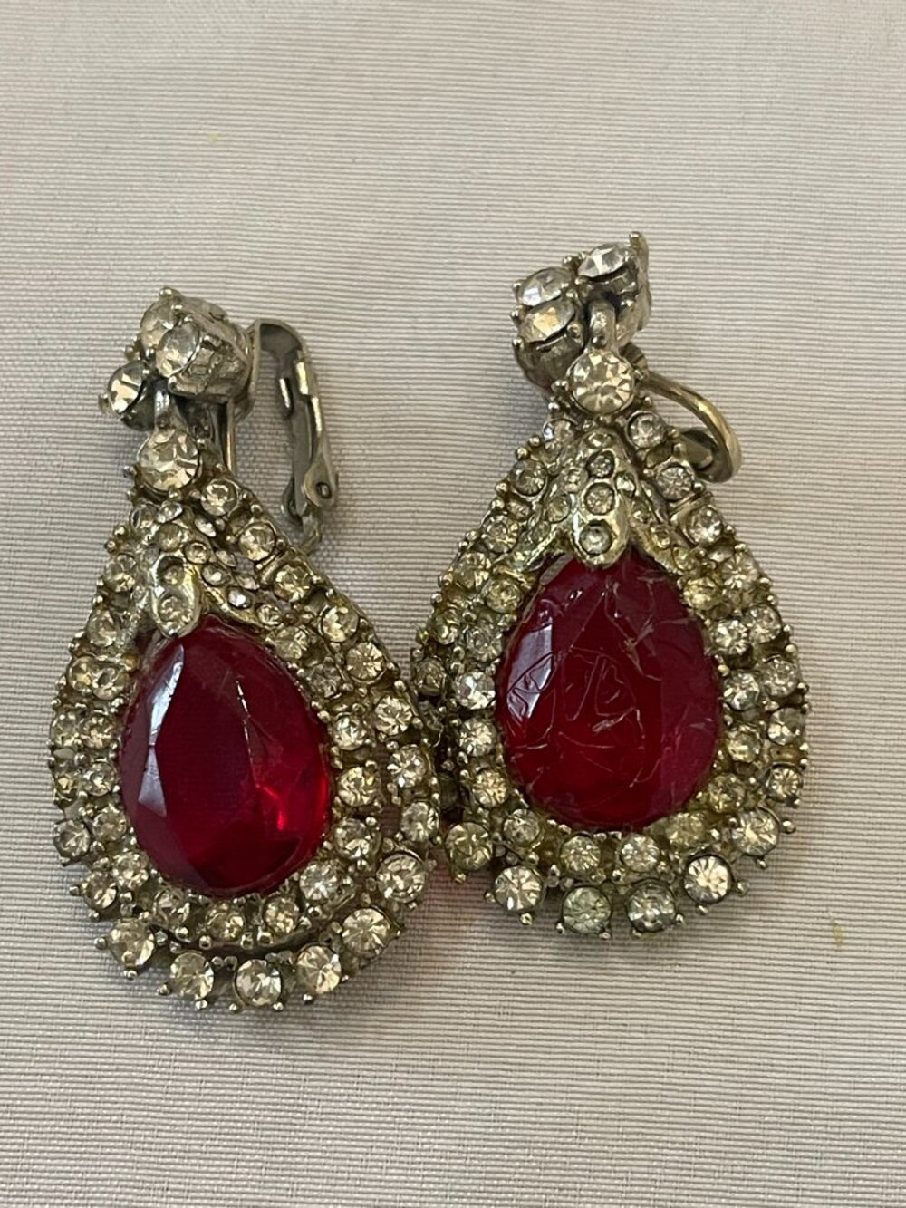Vintage Red Cabochon Rhinestone Clip-On Earrings Silver Tone Glam Statement
